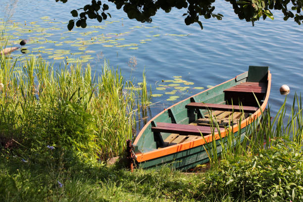 istock An empty wooden boat in the river 860079450