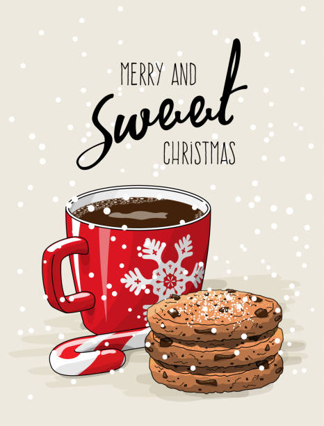 Christmas theme, red cup of coffee with red ribbon and stack of cookies an candy cane, illustration vector art illustration