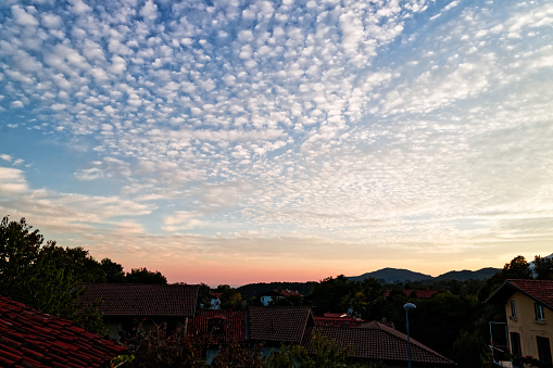 Sunset sky covered by mantle of Altocumulus floccus, tuft shaped clouds