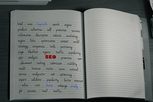 a notebook with seo and handwritten keywords about success and seo and space to put your own text