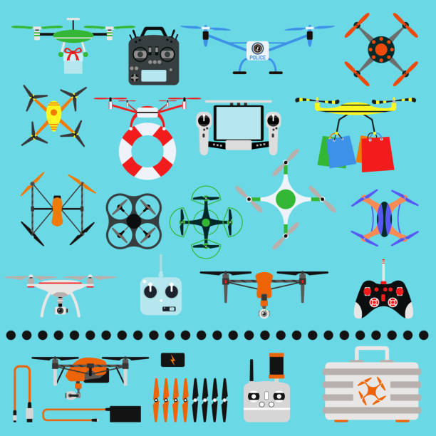 ilustrações, clipart, desenhos animados e ícones de veículo drone quadcopter vigilância não-tripulados inovação ar drone vector voar dispositivo - car transporter audio