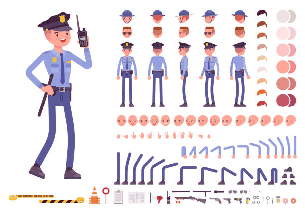 ilustrações de stock, clip art, desenhos animados e ícones de policeman character creation set - policia