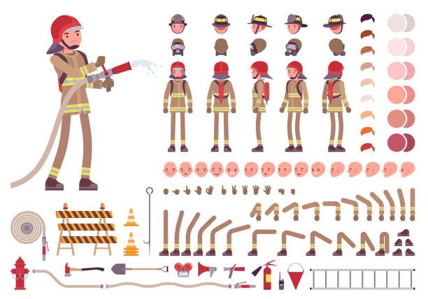 Firefighter character creation set Firefighter character creation set. Full length fireman, different views, emotions, gestures, professional tools and attributes. Build your own design. Cartoon flat-style infographic illustration firefighter stock illustrations