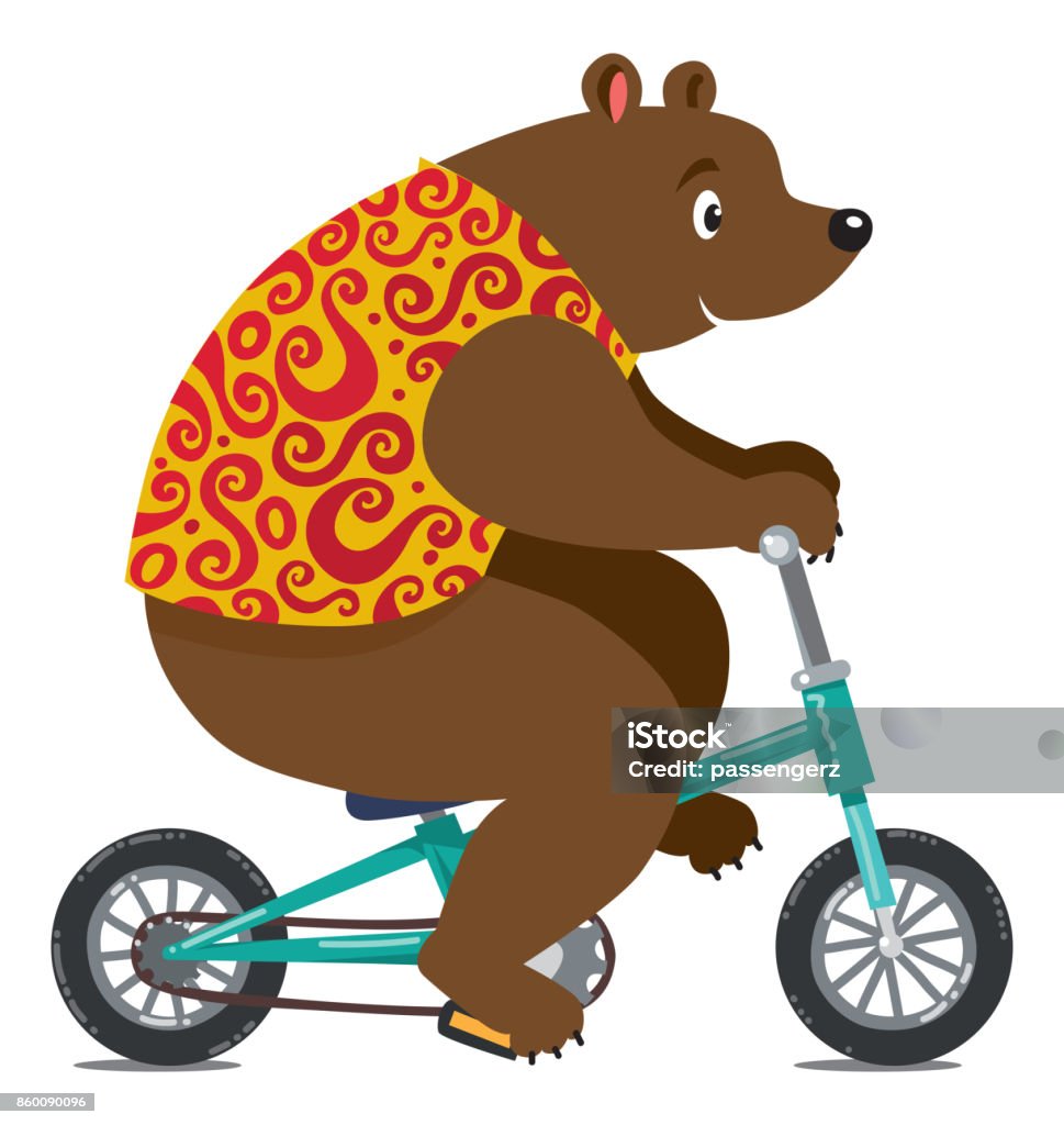 Funny circus bear on bicycle Bear on small bicycle. Funny circus animal. Children vector illustration Bear stock vector