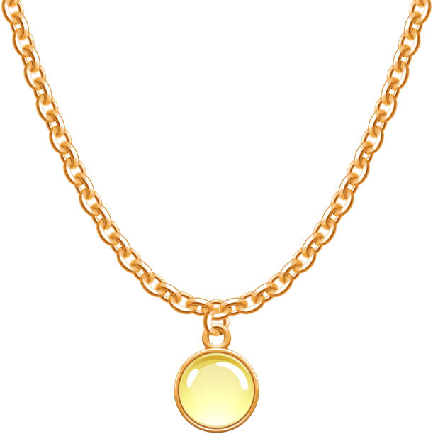 illustrazioni stock, clip art, cartoni animati e icone di tendenza di collana a catena dorata con ciondolo rotondo in vetro - gold necklace
