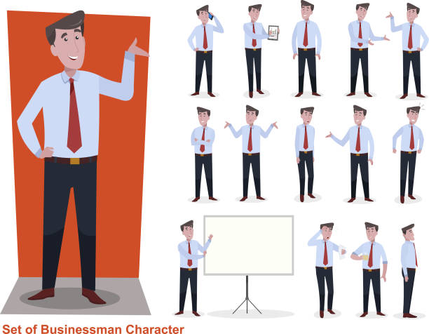 set of businessman character in office businessman character in shirt and tie man presentation stock illustrations