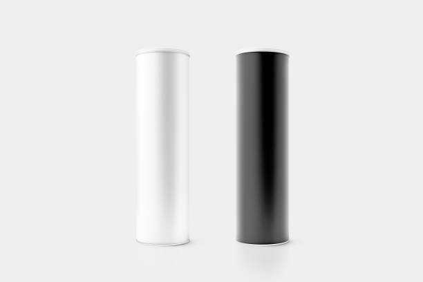 blank black and white cardboard cylinder box mockup - white black plastic packaging imagens e fotografias de stock