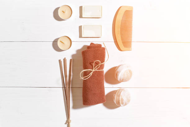 istock Bathroom or spa set on white background top view mock-up. Sun flare 860097336