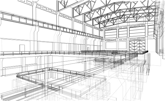 Warehouse sketch. Vector rendering of 3d. Wire-frame style. The layers of visible and invisible lines are separated