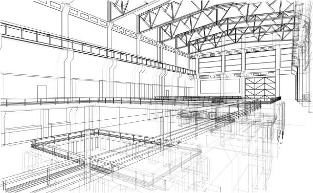 Warehouse sketch. Vector Warehouse sketch. Vector rendering of 3d. Wire-frame style. The layers of visible and invisible lines are separated industry drawings stock illustrations