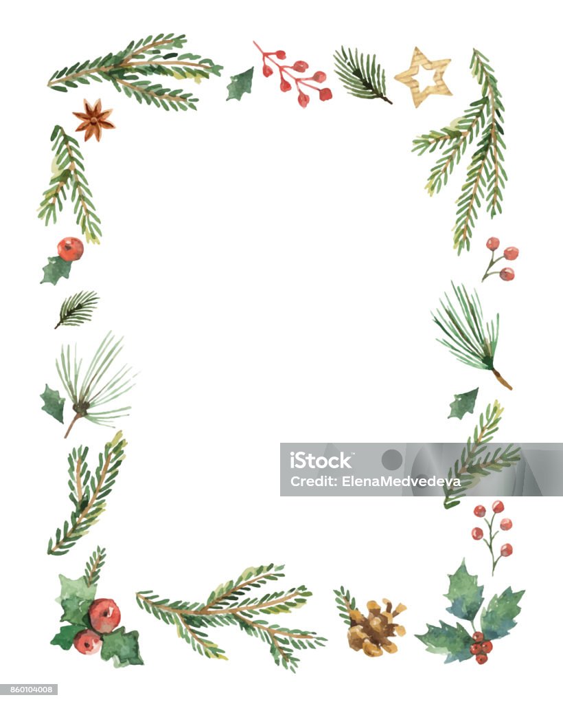 Watercolor vector Christmas frame with fir branches and place for text. Watercolor vector Christmas frame with fir branches and place for text. Illustration for greeting cards and invitations isolated on white background. Christmas stock vector