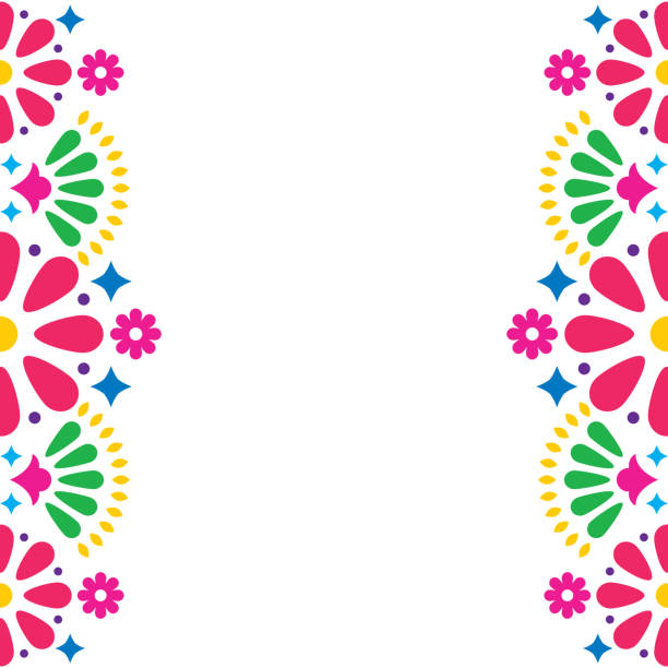 mexikanische folklore vektor-hochzeit oder party einladung, grußkarte, bunte rahmendesign mit blumen und abstrakte formen - karneval stock-grafiken, -clipart, -cartoons und -symbole