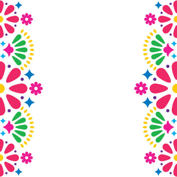 ilustrații de stoc cu mexican folk vector nunta sau invitație de petrecere, felicitare, design cadru colorat cu flori și forme abstracte - cultură mexicană