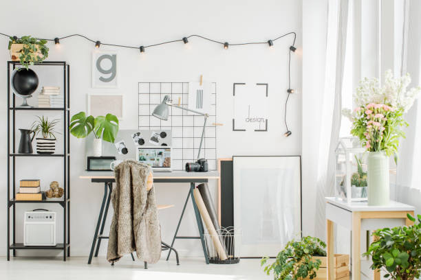 istock Contemporary home office with flowers 860113156