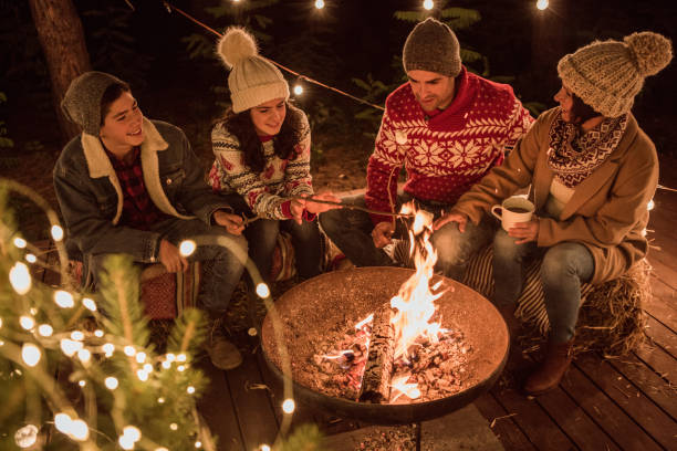 The merriest time of the year! Family celebrating holidays at cottage. Sitting around the fire and roasting marshmallows mulled wine photos stock pictures, royalty-free photos & images