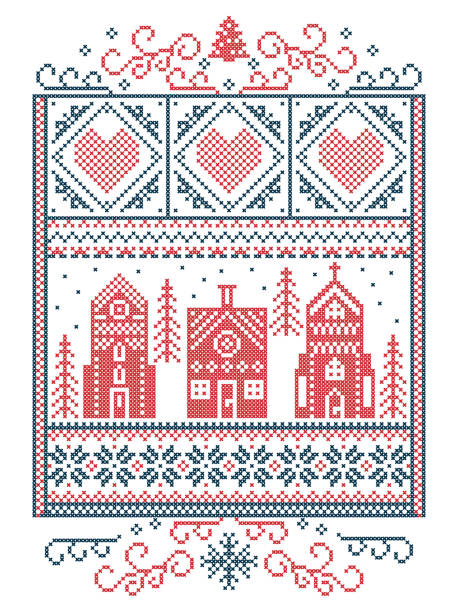 illustrazioni stock, clip art, cartoni animati e icone di tendenza di natale scandinavo, nordico stile cuciture invernali, modello tra cui fiocco di neve, cuore, villaggio invernale del paese delle meraviglie, casa di pan di zenzero, chiesa, albero di natale, neve in rosso, blu in cornice rettangolare - london england christmas snow winter