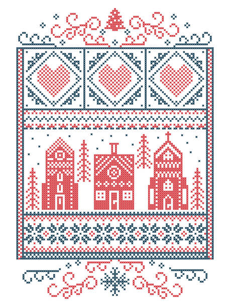 Christmas Scandinavian, Nordic style winter stitching, pattern including snowflake, heart, winter wonderland village, gingerbread house, church, Christmas tree, snow in red, blue in rectangle frame Christmas Scandinavian, Nordic style winter stitching, pattern including snowflake, heart, winter wonderland village, gingerbread house, church, Christmas tree, snow in red, blue in rectangle frame winter wonderland london stock illustrations