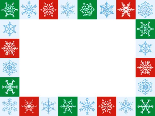 płatki śniegu świąteczna ramka, format poziomy - dwadzieścia cztery pomysłowe czerwone, zielone i białe płytki - ilustracja wektorowa z białym pustym środkiem do oznaczenia. - intricacy snowflake pattern winter stock illustrations