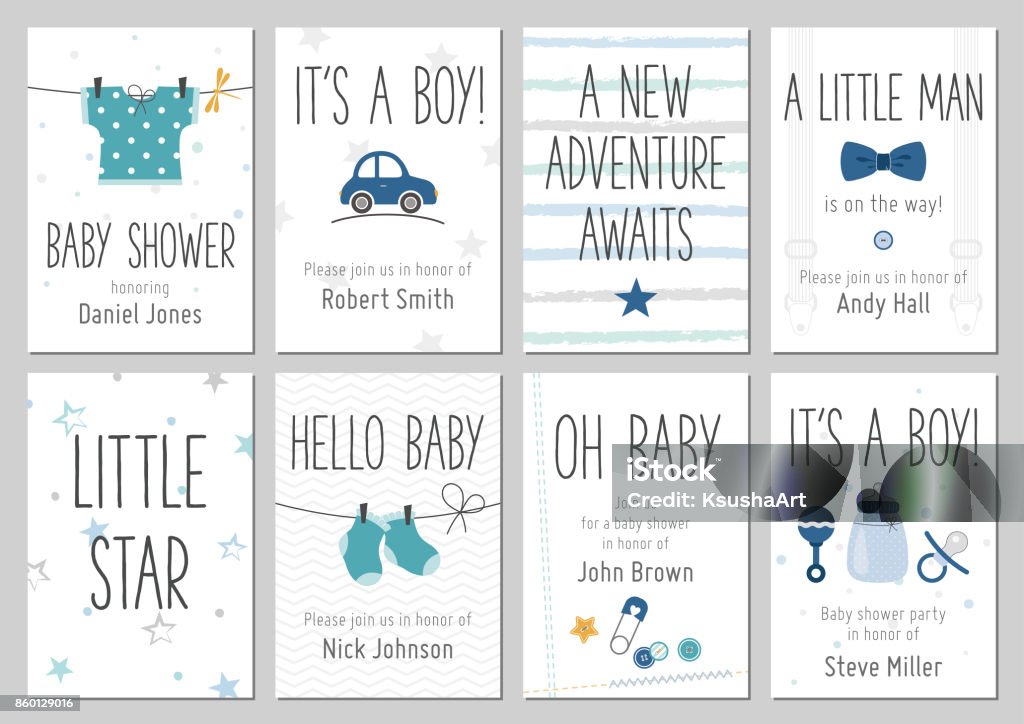 Baby shower invitations. Baby boy arrival and shower cards collection. Baby shower invitations. Baby boy arrival and shower cards collection. Vector invitations with baby dress, car, star, bow tie, socks, pin, bottle. Baby - Human Age stock vector