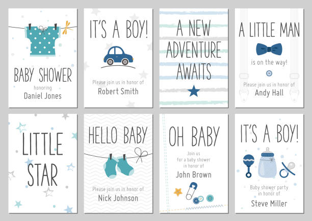 Baby shower invitations. Baby boy arrival and shower cards collection. Baby shower invitations. Baby boy arrival and shower cards collection. Vector invitations with baby dress, car, star, bow tie, socks, pin, bottle. baby boys stock illustrations