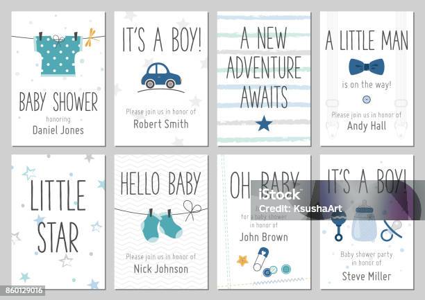 Baby Shower Invitations Baby Boy Arrival And Shower Cards Collection Stock Illustration - Download Image Now