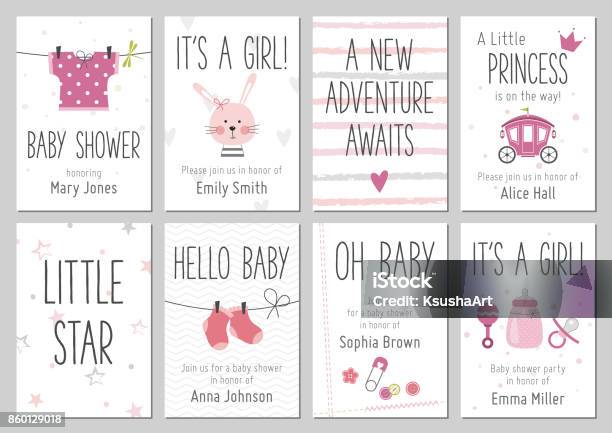 Baby Shower Invitations Baby Girl Arrival And Shower Cards Collection Stock Illustration - Download Image Now