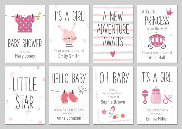 Vector illustration of Baby shower invitations. Baby girl arrival and shower cards collection.