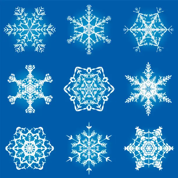 Vector illustration of Snowflakes ornate pattern - nine filigree, graceful, delicate vector illustration snowflakes on square format blue gradient background.