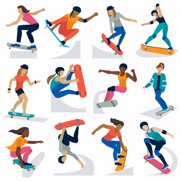 ilustraciones, imágenes clip art, dibujos animados e iconos de stock de chicas activo joven skater ilustración activa extrema de vector de trucos de skate salto del deporte - skateboarding skateboard park teenager extreme sports