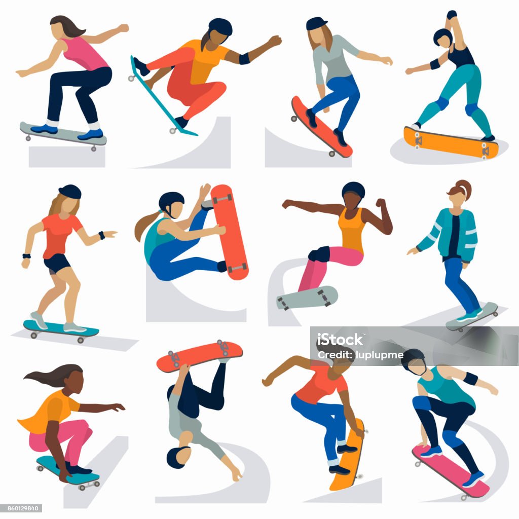 Young skateboarder active girls sport extreme active skateboarding jump tricks vector illustration Young skateboarder active girls sport extreme active skateboarding jump tricks vector illustration. Freestyle boarding skate park and boys Skateboarding stock vector