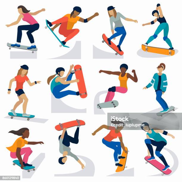 Young Skateboarder Active Girls Sport Extreme Active Skateboarding Jump Tricks Vector Illustration Stock Illustration - Download Image Now