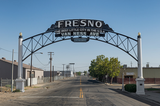 Fresno, California, USA - July 30, 2017: Best Little City in the USA welcome sign on Van Ness Avenue