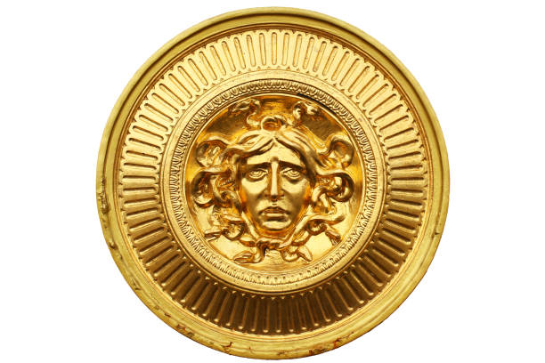 istock Ancient golden warrior shield isolated on white background, circle glossy steel shield with face of human one of important for solider protection, knight 860144538