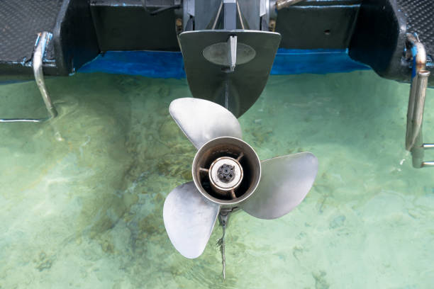 istock Focus on boat propeller on the water. 860145682