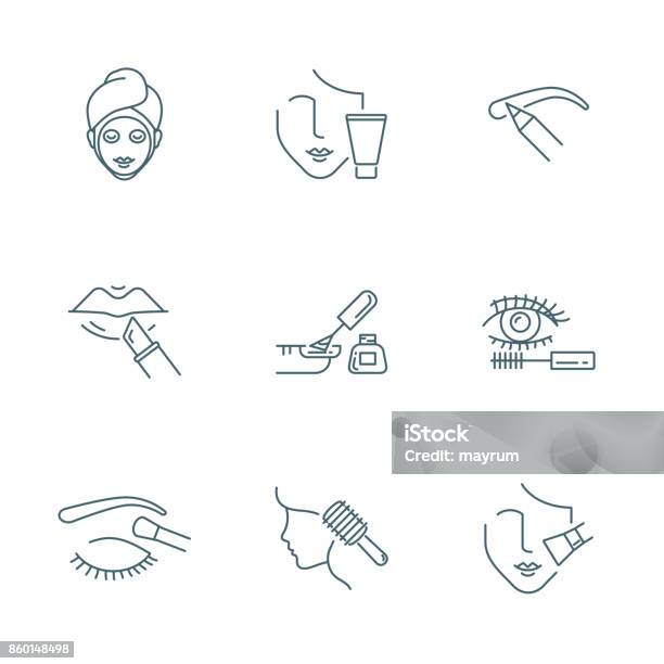 Beauty And Makeup Vector Icons Set Stock Illustration - Download Image Now - Make-Up, Beauty, Human Face