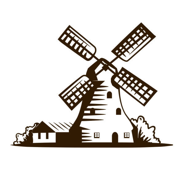 ilustraciones, imágenes clip art, dibujos animados e iconos de stock de antiguo molino de viento. vector ilustración en blanco - windmill architecture traditional culture mill