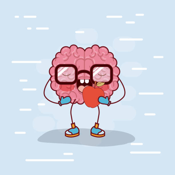 brain cartoon with glasses and eating apple in background light blue brain cartoon with glasses and eating apple in background light blue vector illustration brain eater stock illustrations