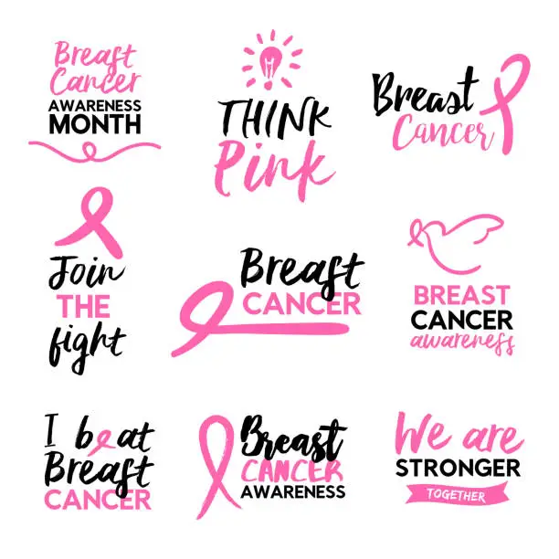 Vector illustration of Pink breast cancer awareness ribbon text quote set