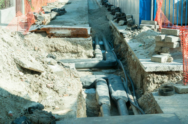 istock Street reconstruction site of district heating system pipeline with ground excavation end replacement of old pipes with new ones 860156656