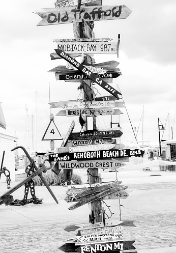 Vintage road sign, Key West, Florida, USA. Black and White.