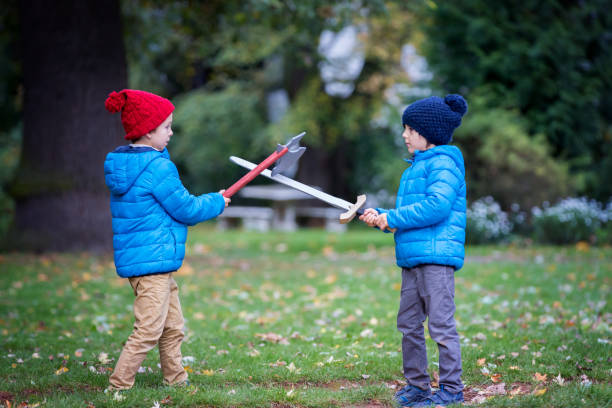 istock Two boys, playing with swords in the park 860165594