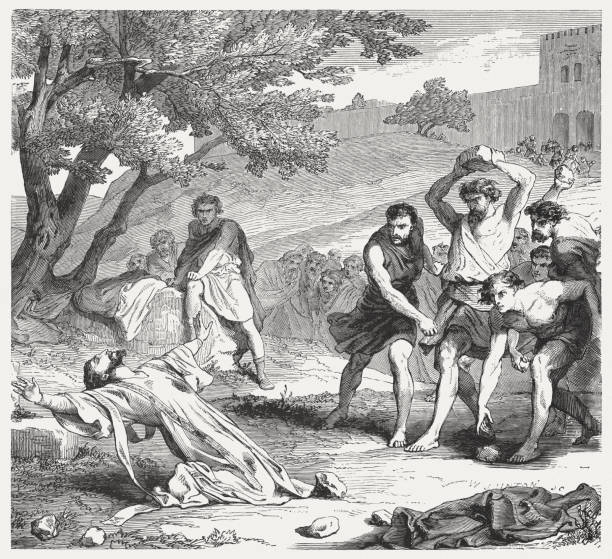 The Stoning of Stephen (Acts 7, 54-60), published in 1886 The Stoning of Stephen (Acts 7, 54 - 60). Wood engraving, published in 1886. martyr stock illustrations