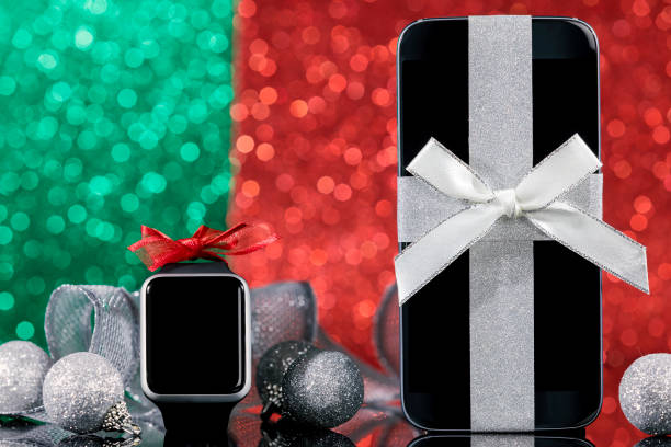 istock Smartphone and smartwatch with decorations for Christmas tree 860168198