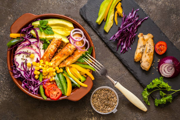 istock Grilled chicken, cabbage, pepper, avocado, tomato, greens, buddha bow 860173042