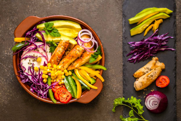 istock Grilled chicken, cabbage, pepper, avocado, tomato, greens, buddha bow 860173096