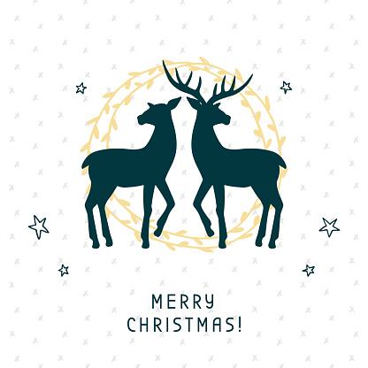 Merry Christmas greeting card with calligraphy hand drawn silhouettes of two deer. Christmas holiday party banner, invitation. Vector Illustration