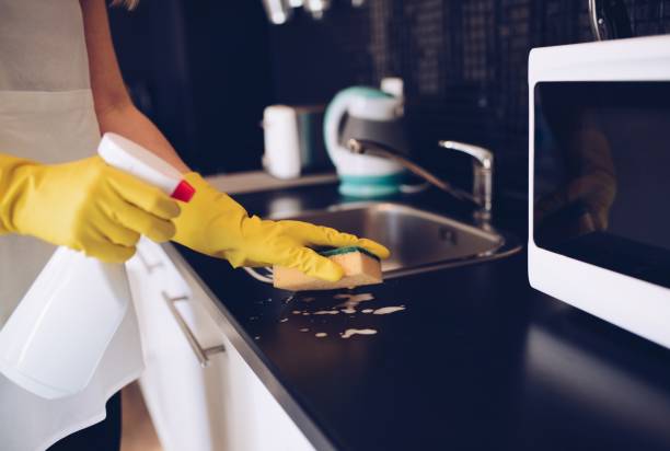 istock Woman cleaning kitchen cabinets with sponge 860191078