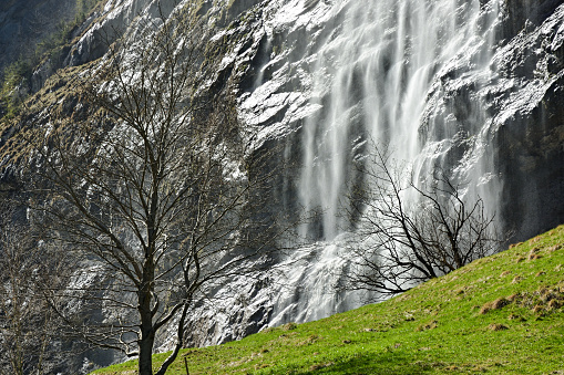 Detailed look on Staubbach falls in Lauterbrunnen, Switzerland