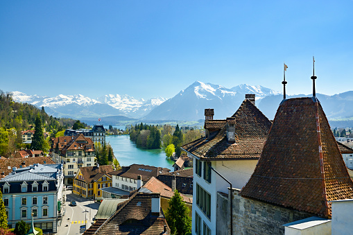 Nice view on city of Thun and Bernese Alps, Switzerland