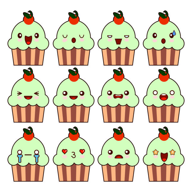 illustrazioni stock, clip art, cartoni animati e icone di tendenza di tazza torta kawaii personaggio cartone animato viso carino. felice personaggio cartone animato smartphone design piatto illustrazione vettoriale - muffin blueberry muffin blueberry isolated